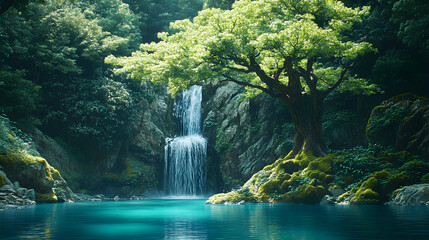 Serene waterfall cascading into tranquil pool, lush green forest backdrop; nature escape imagery