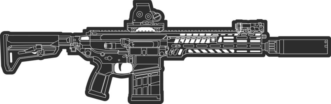 Assault rifle with optical sight and silencer in thick outline in the form of a patch or stripe, xm7 icon in black.