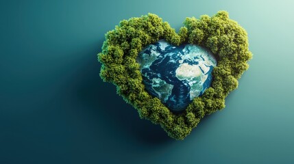 A heart-shaped arrangement of lush green trees surrounds the Earth, symbolizing love and care for the planet, promoting environmental awareness.