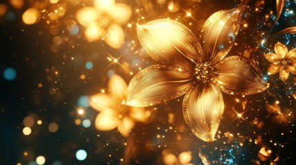 Golden Sparkling Flowers Illuminated In Dark Background