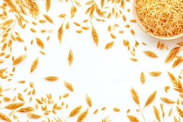 Golden Oat Grains and Sprigs Arranged on White Background