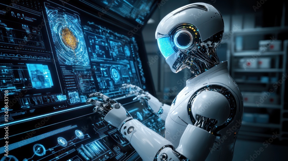 Poster Advanced Robot Interacting With Futuristic Interface