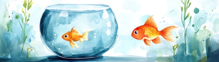 Fototapeta premium A vibrant watercolor illustration depicting a goldfish swimming outside its bowl, surrounded by lush aquatic plants, symbolizing freedom and exploration.