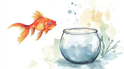 A vibrant watercolor illustration of a goldfish swimming outside its bowl, representing curiosity and the desire for exploration in a colorful setting.