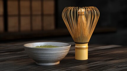 A small bamboo whisk next to a bowl of pure matcha powder on dark wood, perfect for tea-related marketing with text space.
