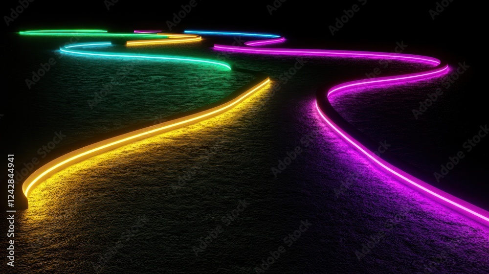 Poster neon light trails curve across dark surface