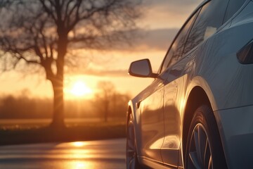 Fototapeta premium Electric car in golden hour light parked by a rural road. Concept of green mobility and scenic travel.