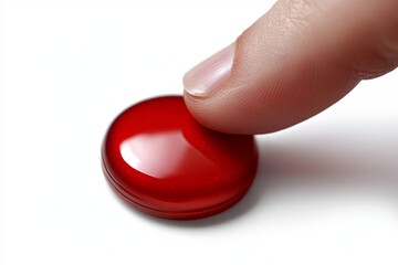 Human finger poised to press a glossy red button on a white background in close-up view