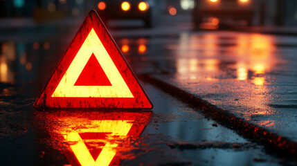 Red emergency triangle on the road. Emergency triangle at night, danger and alertness needed on night and wet roads.