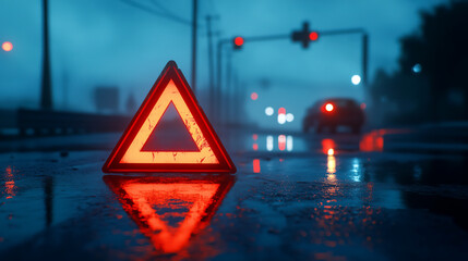 Red emergency triangle on the road. Emergency triangle at night, danger and alertness needed on night and wet roads.