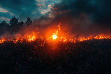 Naklejka premium Red Glow of Wildfire Illuminates the Night