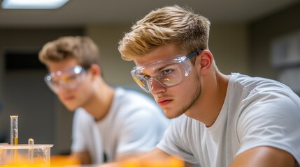 Focused male students in a science lab conducting experiments wearing safety goggles. education and teamwork.