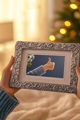 Stylishly framed hand giving a thumbs up in a cozy, softly lit room during the festive season