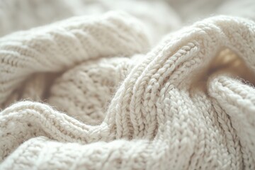 Close-up of a cozy, knitted fabric in soft white tones, perfect for winter clothing and home decor, evoking warmth and comfort in a stylish setting.
