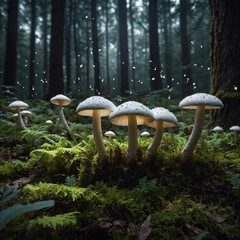 A forest scene where white mushrooms emit a gentle melody of glowing musical notes.