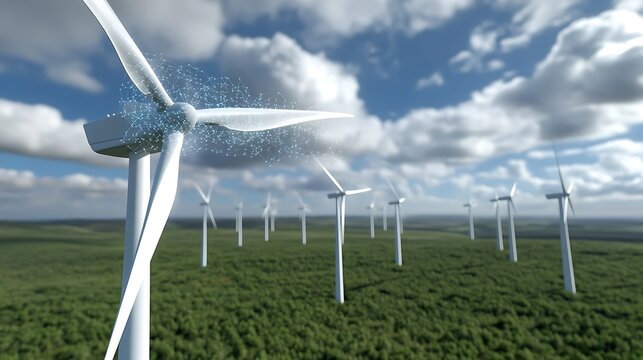 A clean-energy wind farm with each turbine connected through a visible digital network to a global cloud infrastructure.