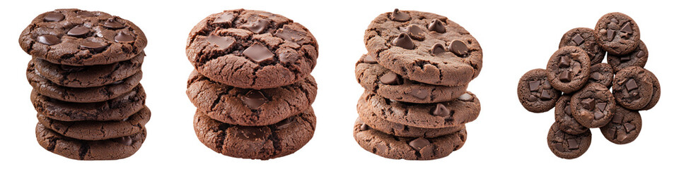 Chocolate cookies isolated on transparent background, PNG, Set of