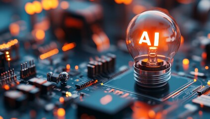 AI concept: Illuminated lightbulb displaying AI glows on a circuit board, symbolizing technological innovation