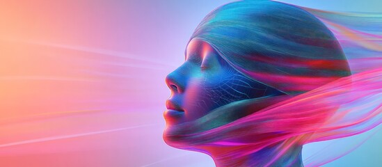 Neon woman, flowing fabric, digital art, light rays, website banner