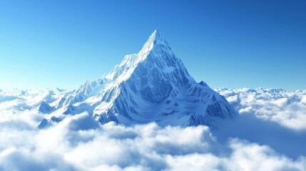 Majestic snow-covered mountain peak soaring above fluffy white clouds against a clear blue sky, showcasing nature's breathtaking beauty.