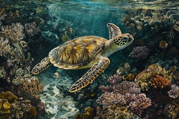 Obraz premium Sea turtle gliding gracefully through vibrant coral reef in crystal-clear waters