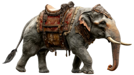 A majestic, fully-grown elephant standing with a rider saddle securely mounted on its broad back isolated on white background. Suitable for marketing or business purposes. PNG file