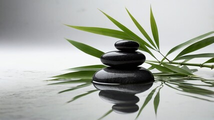 Black zen spa stones with banmoo leaves on white backgruond