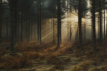 Obraz premium Sun rays pierce misty forest; tranquil autumn scene