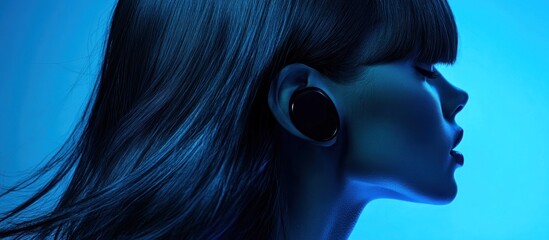 Woman, earbuds, blue background, serene profile, audio ad