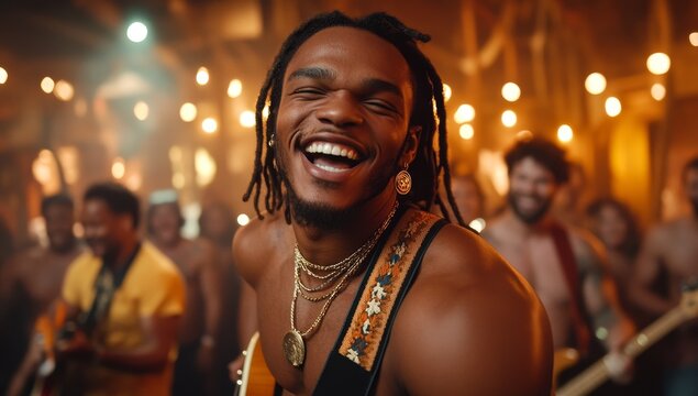 Joyful male musician with dreadlocks smiles broadly while performing on stage with a band in a dimly lit venue
