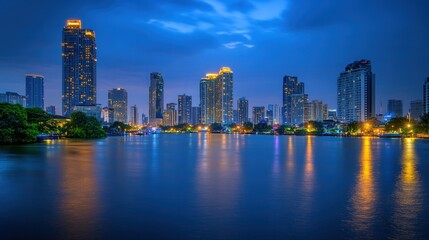 Night cityscape, river reflection, twilight, urban skyline, boats, city lights, tranquil, Asia, tourism,  advertising