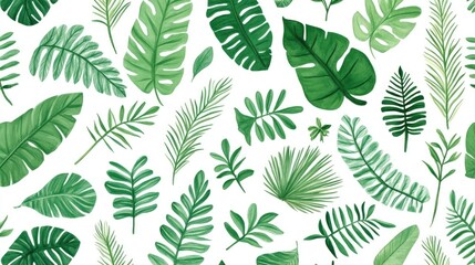 Watercolor Painting of Various Green Tropical Leaves