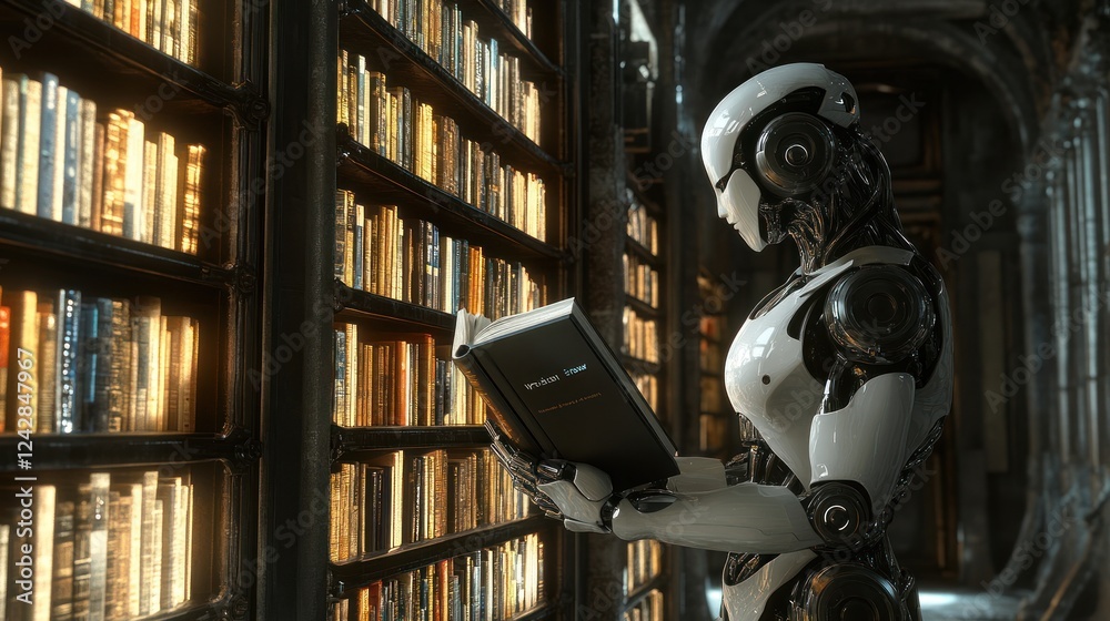 Poster A robot reads a book in a grand library