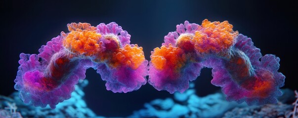 Chromosomes mirroring, vibrant colors, deep blue background, scientific visualization
