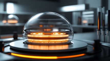 A close-up view of a spherical AI hub with rotating rings of data, glowing softly in a futuristic minimalistic lab.