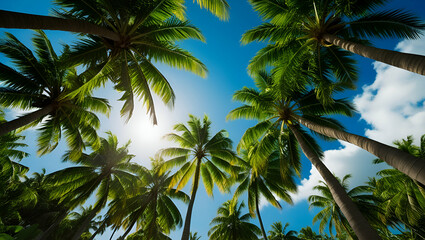 Obraz premium A stunning low-angle view of lush green palm trees swaying gently
