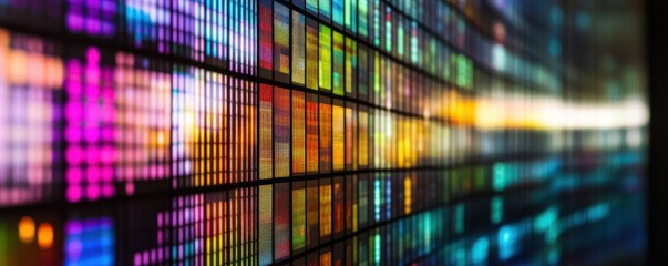 Obraz premium Colorful digital wall, data stream, night city, tech background, website banner