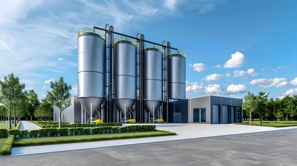 Modern Industrial Complex with Silos and Factory Building in Nature