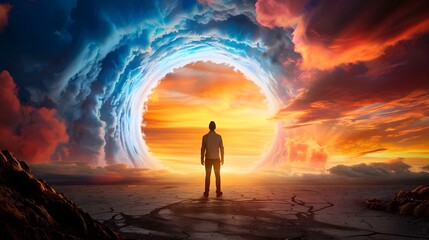 Obraz premium Majestic Gateway to Sunrise with Figure Against Vibrant Clouds