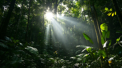 Obraz premium Sunbeams in lush rainforest, vibrant green foliage. Nature background for travel brochure