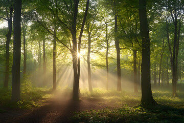 Fototapeta premium Sunbeams in misty forest at dawn, nature scene