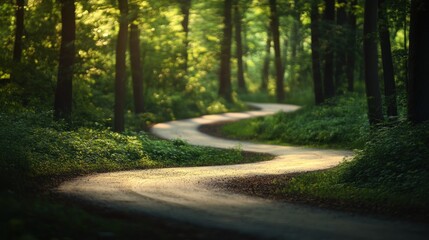 Naklejka premium Winding forest path, sunlight, nature, journey, travel, background, green, peaceful, serenity, website