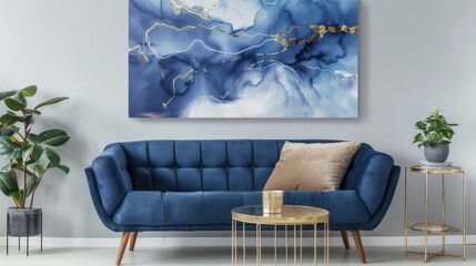Sky Blue Sofa, Beige Pillow, Gold Side Table, Oak Wood Floor, Minimal Green Plant, Navy Blue Abstract Art