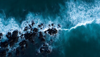 Obraz premium Stunning Aerial Ocean Waves Crashing on Rocks