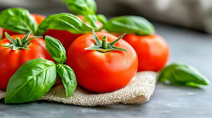 Fresh red tomatoes and basil on burlap. Food photography for recipe blogs