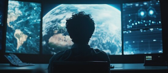 Global monitoring Person reviewing Earth data on screens