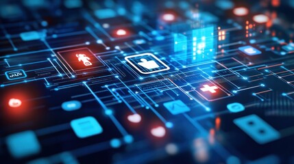 Digital health network, data flows, medical icons, futuristic background, healthcare app