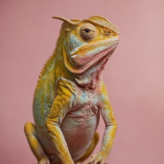 Obraz premium A golden-yellow chameleon with a soft pastel pink background.
