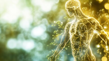 Glowing man, nature background, health concept, wellness ad