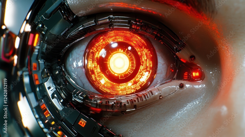 Poster a cybernetic eye glows bright red with internal mechanisms visible